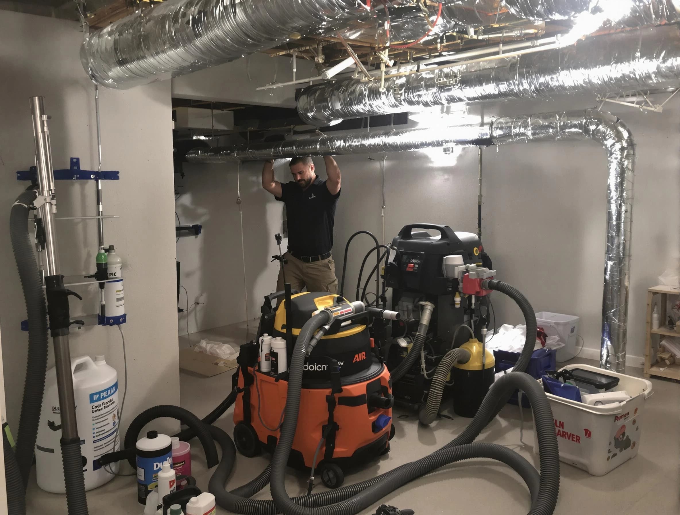 Franklin Air Duct Cleaning specialist performing professional mold removal from air ducts using safety equipment in Franklin